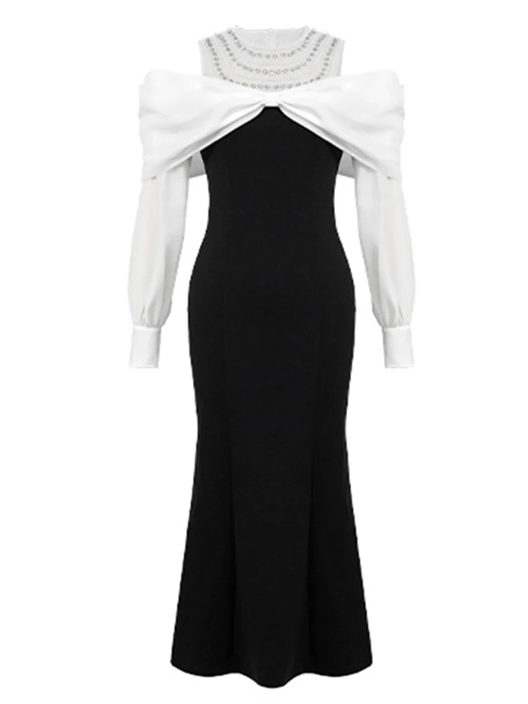 Feminino elegante feestjurken dameskleding wit zwart patchwork glanzende diamanten boog holle fishtail gewaad prom vestidos fiesta