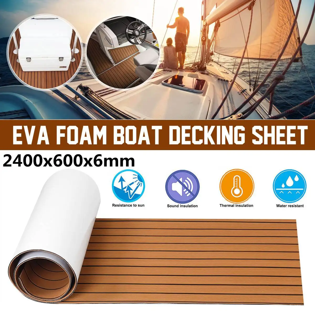 2400x600x6/5mm EVA Foam Faux Teak Boat Deck Mat Brown Decking Sheet Yacht Flooring Anti Skid Mat Self Adhesive Vehicle Pad