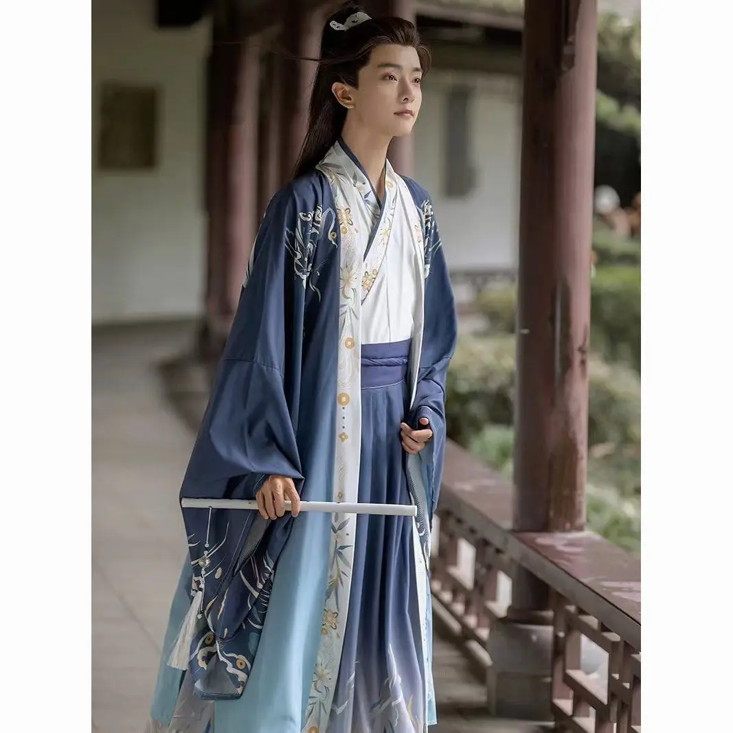 Blue Chinese Hanfu Tang costume embroidery ancient costume big sleeve youth play costume and ground length ethnic