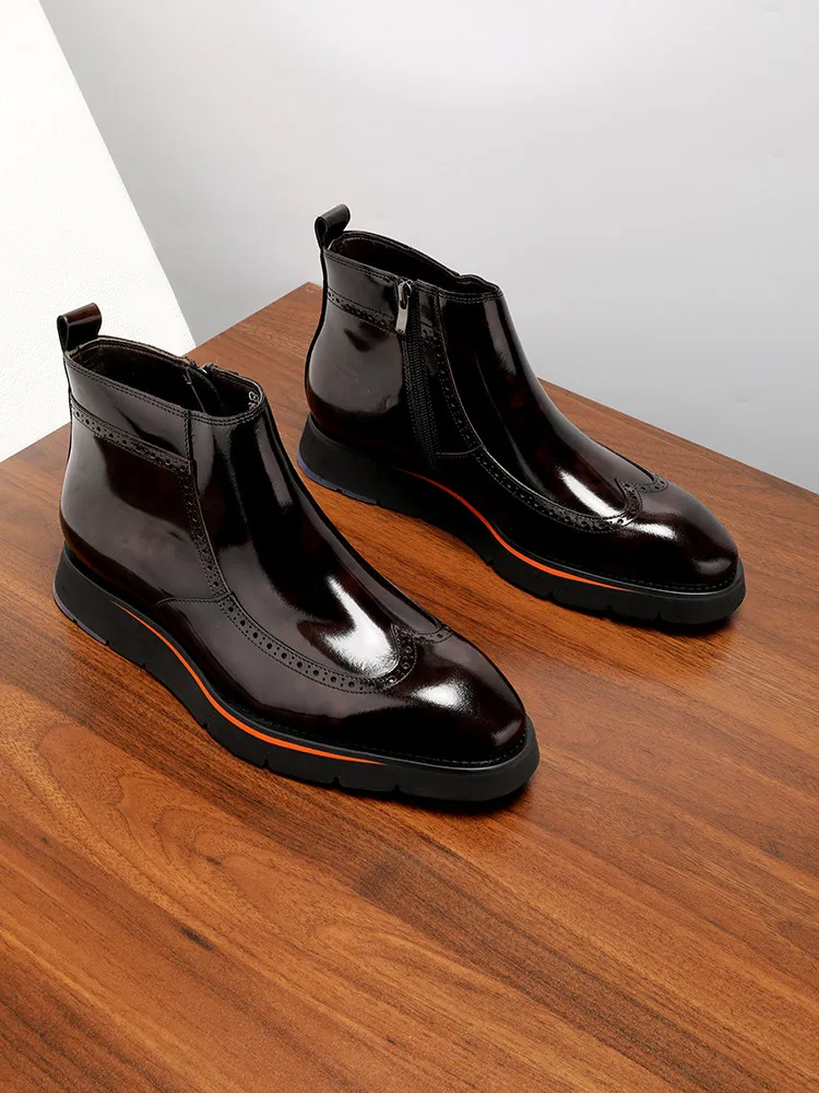 New Collection Premium Glossy Mens Genuine Leather Brogue Ankle Boots Side Zip Carved Flat Sole Male Dress Boots