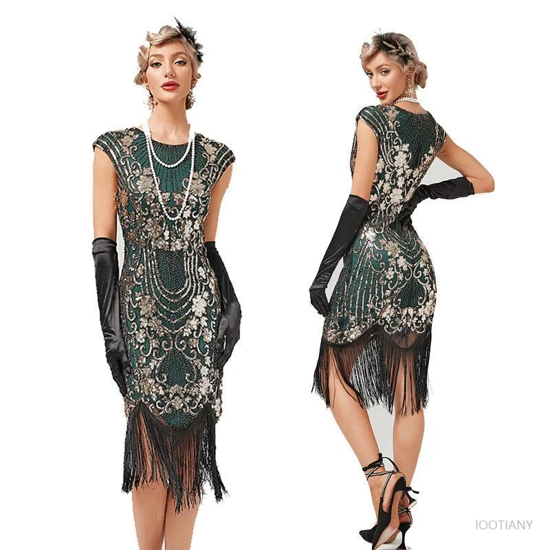 Womens 1920s Vintage Dress Court Trend Double Round Neck Sleeveless Beaded Sequin Fringe Dress Art Deco Birthday Party Gown 2025 view 4