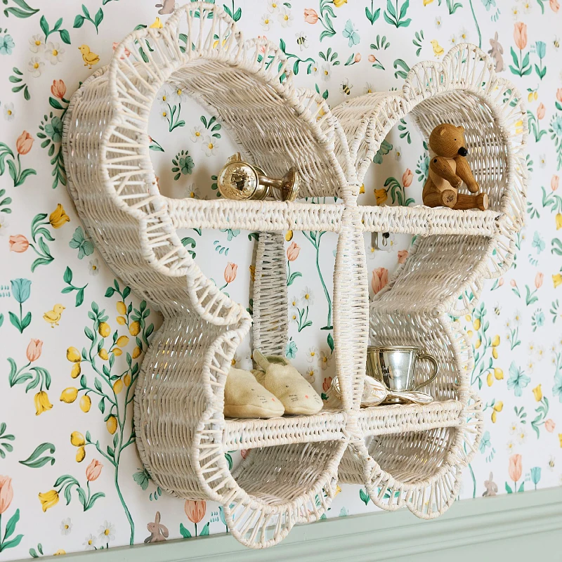 

‌Butterfly Wall Hanging Shelf Rattan Storage Organizer Multipurpose Book Display Rack Pastoral Style Home Decorative Shelf