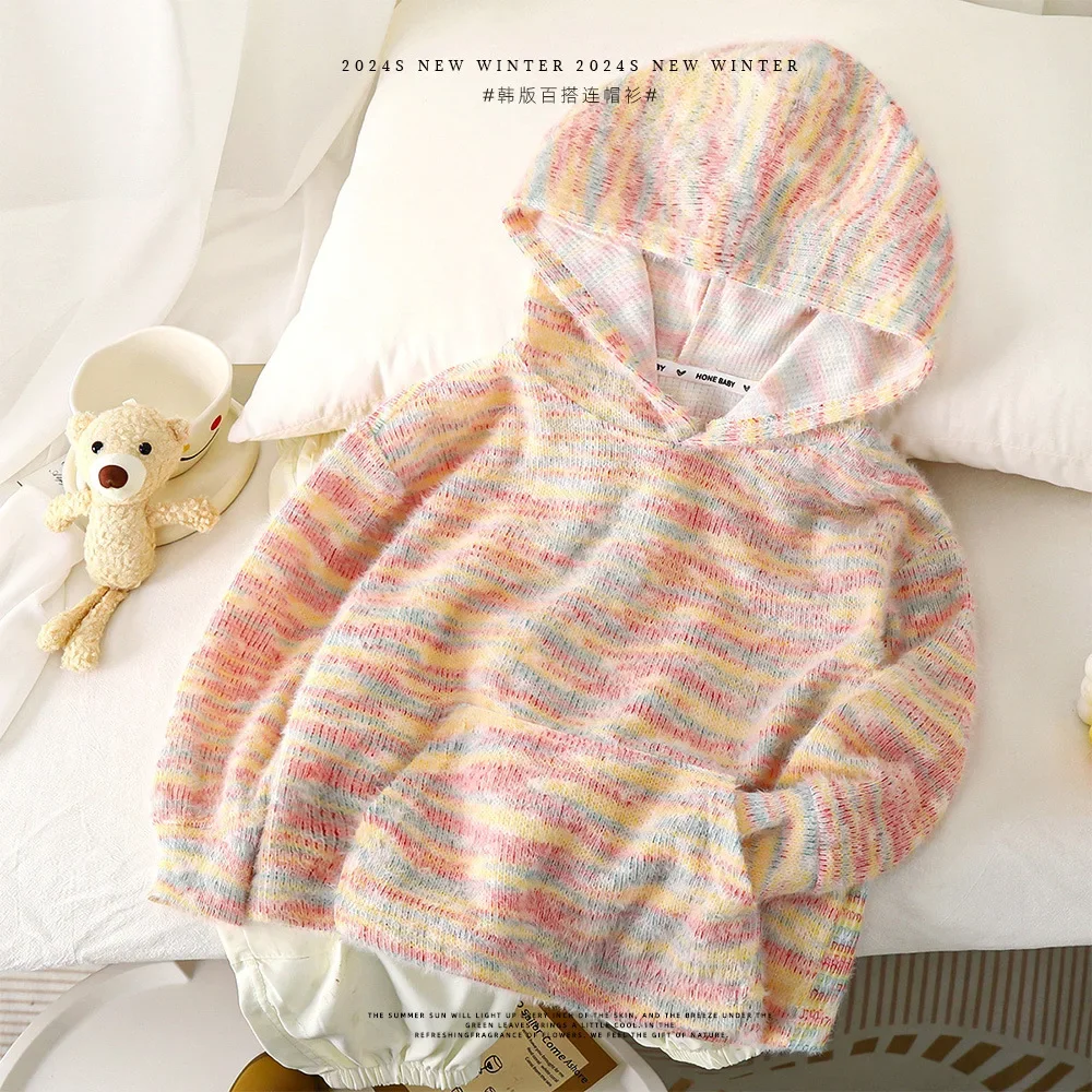 Children's Hooded Autumn Winter Girls' Sweetrainbow Knitted Sweater Hoodie Casua Children's Clothing Baby Girl Winter Clothes