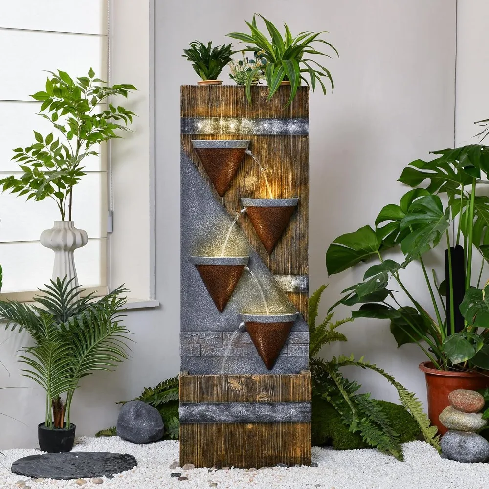 

Наружный садовый фонтан с подсветкой, напольный 4-х ярусный каскадный большой водопадный фонтан для патио, заднего двора