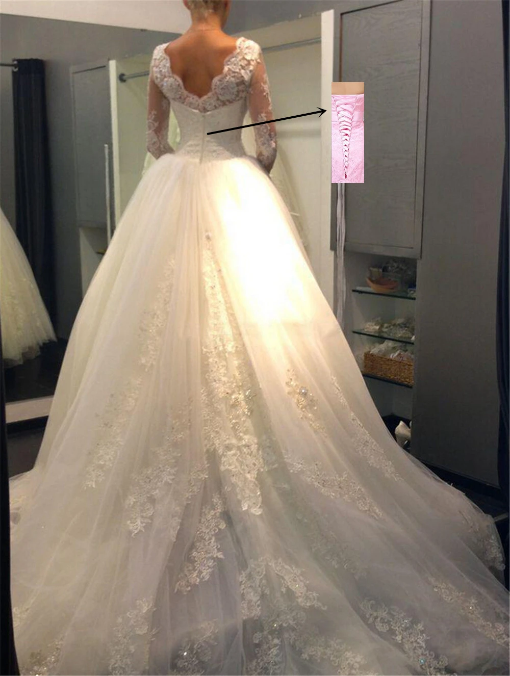 ZJ9006 Customized 2025 New V Neck Lace White Ivory Long Sleeve Wedding Dresses For Brides Plus Size Maxi Size