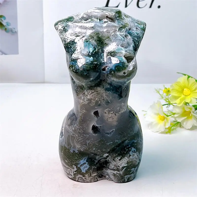 18.5CM Natural Moss Agate Lady Body Statue Handmade Female Body Carved Crafts Figurine Healing Crystal Ornament Room Decor
