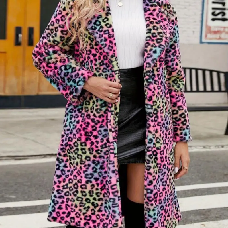 Damen Long Sve Kunstpelz gefütterter Ledermantel Flip-Kragen Leopardenmuster Neuankömmling Winter Faion Oberbekleidung Jaet