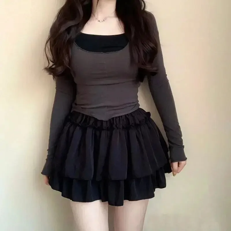 Summer Kawaii White Ruflles Skirt Women Fashion Slim Fit Chiffon Mini Skirts Giris Y2k All Match Elastic High Waist Black