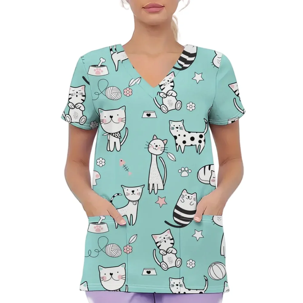 Clinical เครื่องแบบผู้หญิงแมวน่ารักการ์ตูนพิมพ์แฟชั่น Vet กับกระเป๋าพยาบาลฤดูร้อนแขนสั้นเครื่องแบบผ่าตัดผู้หญิง