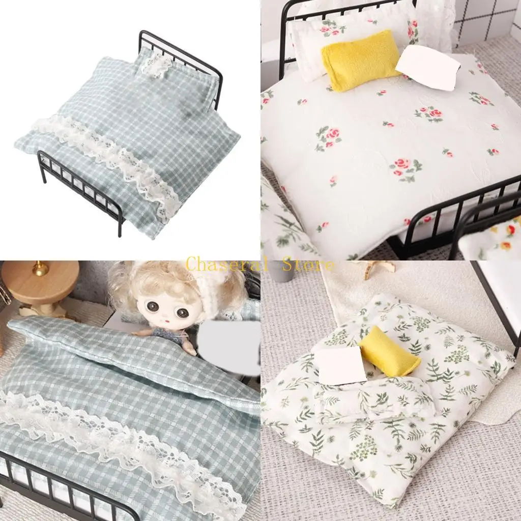 E7CE Doll House Bed and Bedding Iron Frame Bed With Rural Styles Quilt And Pillow 1/12 Miniature Furniture Scene Collection