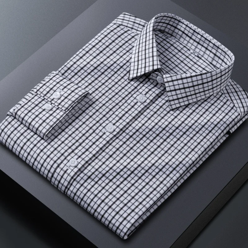 

Классическая полосатая клетчатая рубашка из бамбукового волокна, мужская рубашка с длинным рукавом, белая, удобная в уходе, повседневная деловая официальная рубашка с длинным рукавом для мужчин