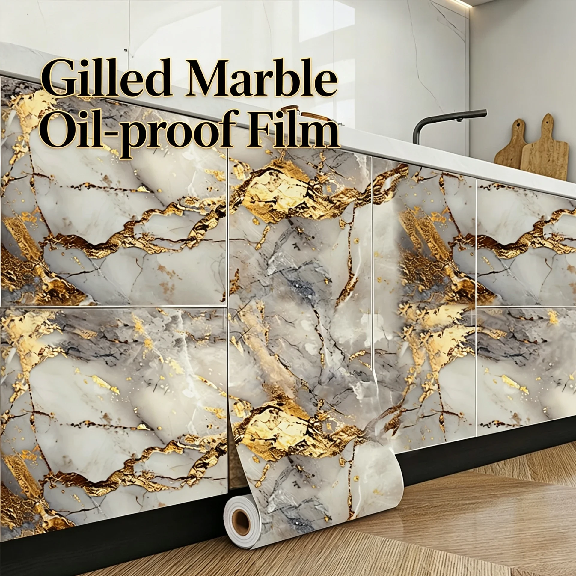 Gold-Foil Marble-Effect Countertop Film—Realistic Texture Peel-And-Stick Application Suitable For Kitchen And Bathroom Cabinet.