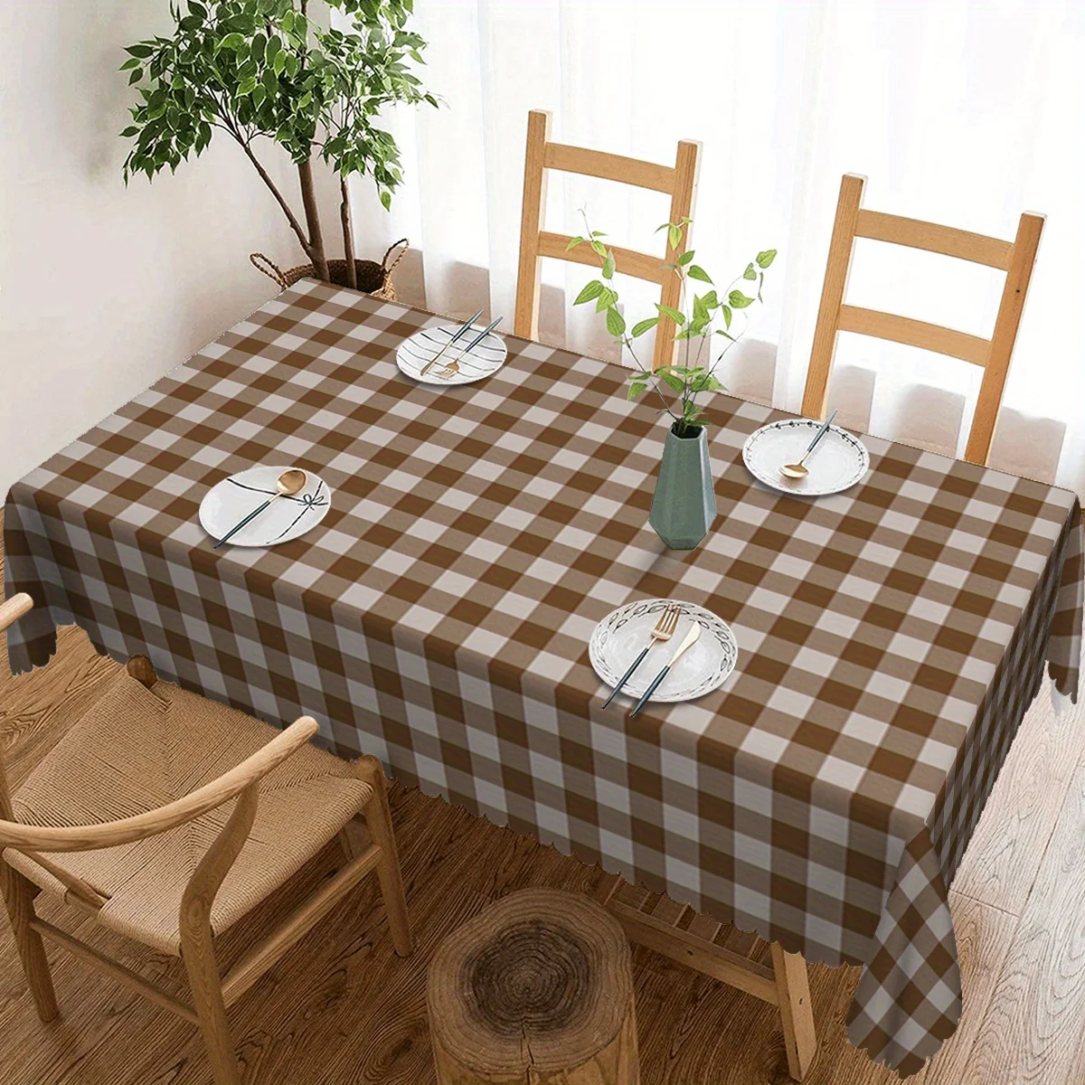 JIT, 1pc Simple Dark Coffee-Colored Checkered Tablecloth - Modern Minimalist Table Decoration - Essential Home Item.PMJ