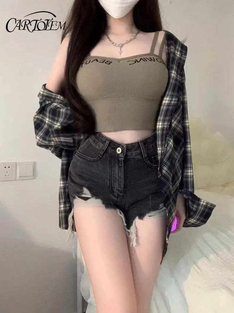 American High Street Black Grey Washing Ripped Denim Shorts for Women