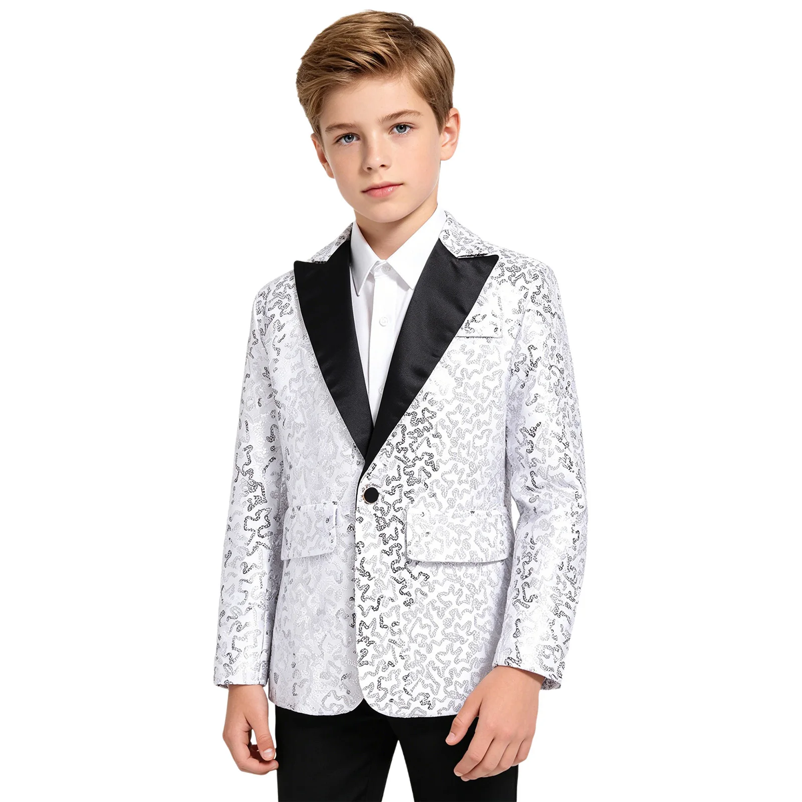 Kinder Jungen Jazz Dance Oberteile Performance Kostüm Glänzende Pailletten Glitzer Revers Einknopf-Anzugjacke Blazer Festival Smoking Jacke – Detail 9