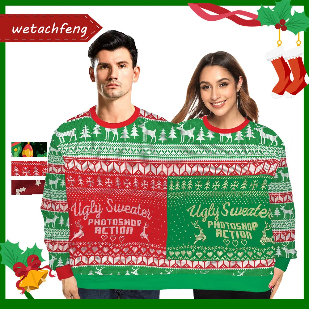 

Ugly Sweater Photoshop Rction Men Women Twinsets Xmas Jumpers Tops Autumn Winter 3D Deer Couples Funny Christmas Sweatshirt Tops