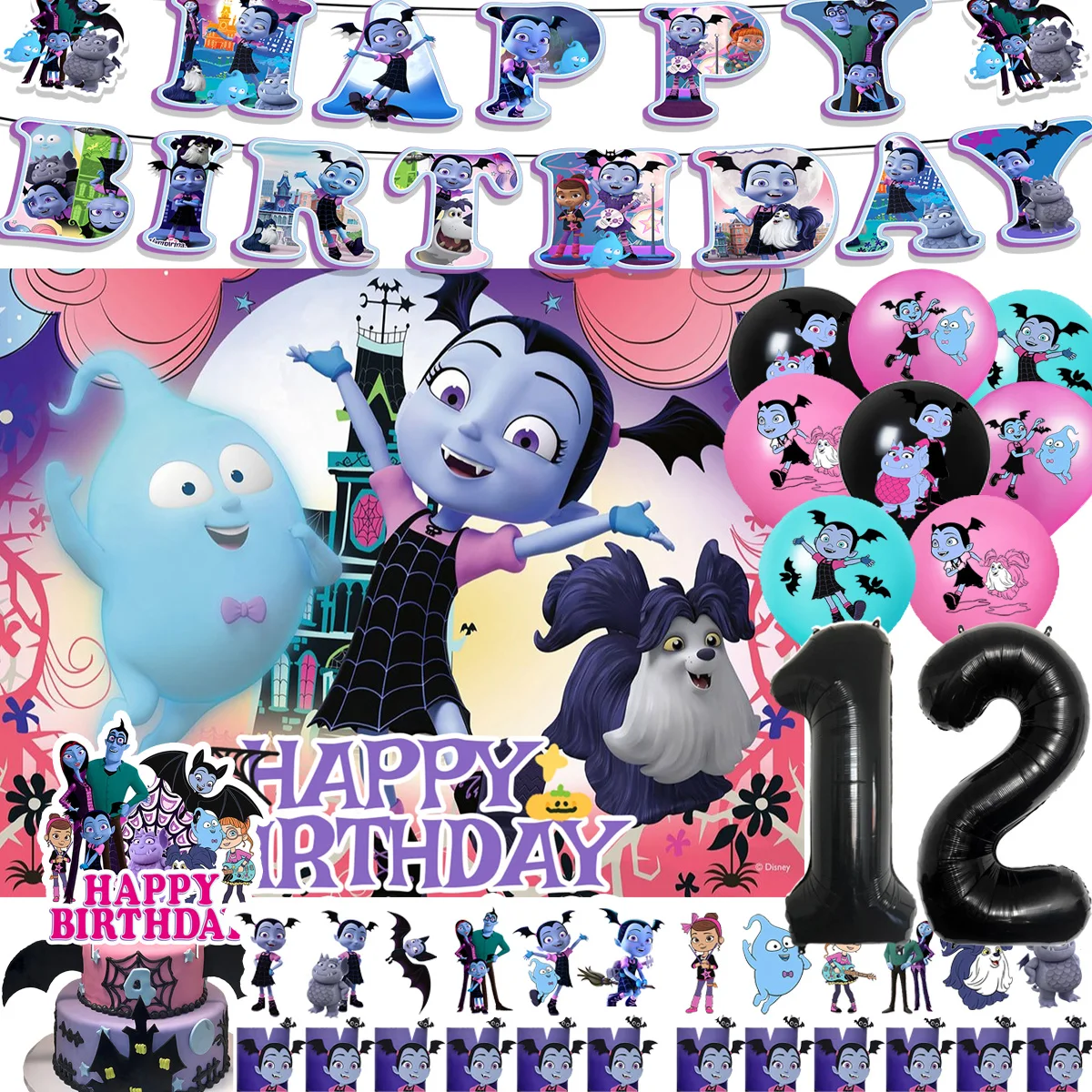 لوازم حفلات أعياد الميلاد من ديزني فامبيرينا، بالون روك للفتيات، أغاني صغار، خلفيات الهالوين، دعائم علوية للكب كيك