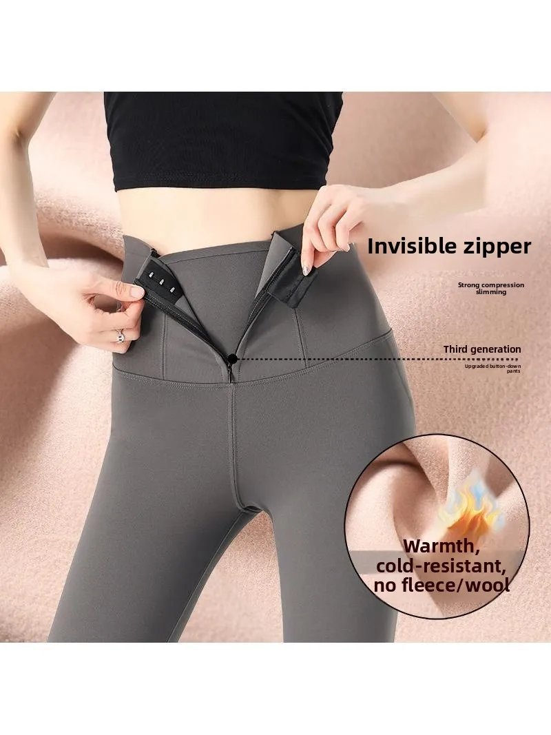 

Women's High Waist Thiened Fce Yoga Pants arkskin Design Zipper Tummy Control Autumn Winter Outerwear Tight Fit