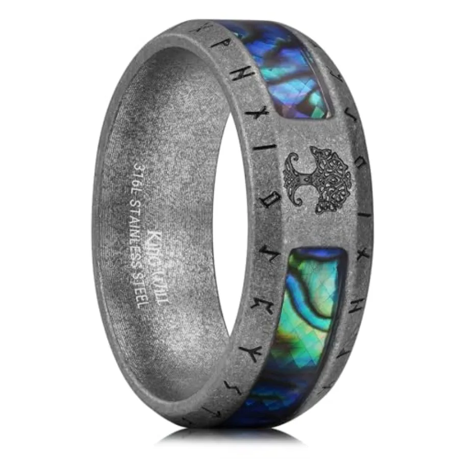 Viking Stainless Steel Wedding Band - 8mm Men Ring with Tree of Life Rune Design and Abalone Shell Inlay in Grey//Black Vintage