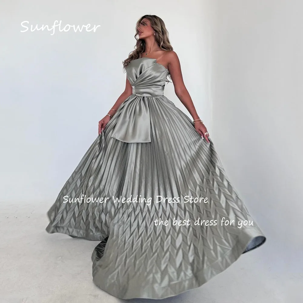 Sunflower Grey Strapless Satin Pleat A-LINE 2024 Slim Backless Ocassion Gown Floor-Length Formal Evening Dress فساتين سهرة