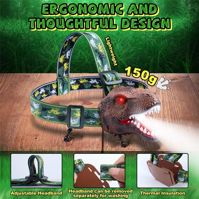【Venta caliente】linterna frontal de dinosaurio para niños, linterna LED recargable, modo rugiente y silencioso, juguete T-Rex, equipo de Camping