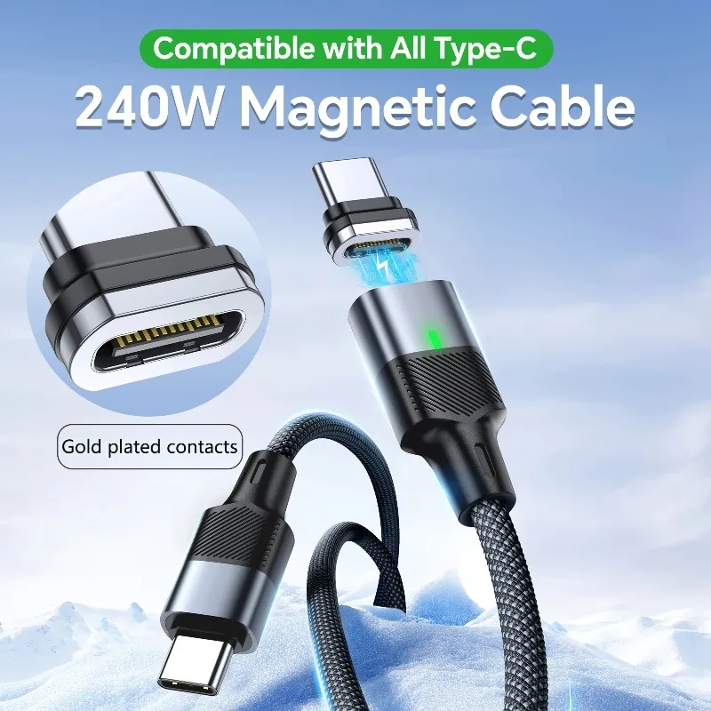Magnetic USB C to USB C Cable PD 60W Fast Charging Nylon Braided Type C Cord with Indicator for Samsung MacBook iPad Pro Phone