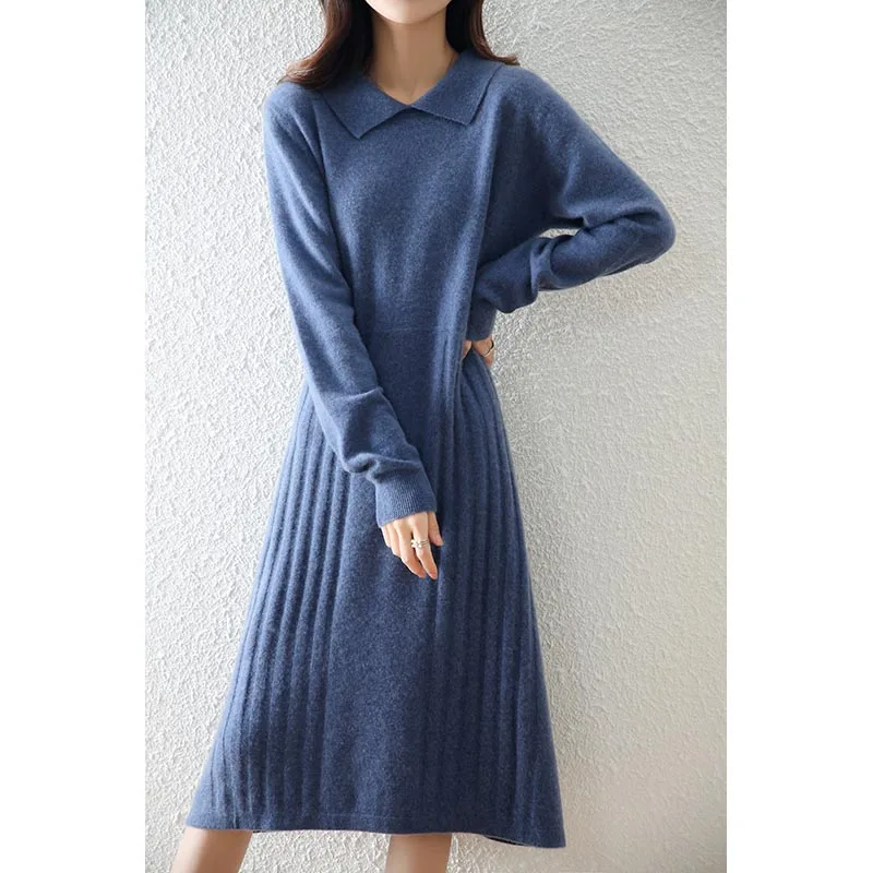 Women's Merino Wool Sweater, Lapel, Monochromatic, Striped, Long Pullover Top, Official Dress, Autumn and Winter, New, 100%