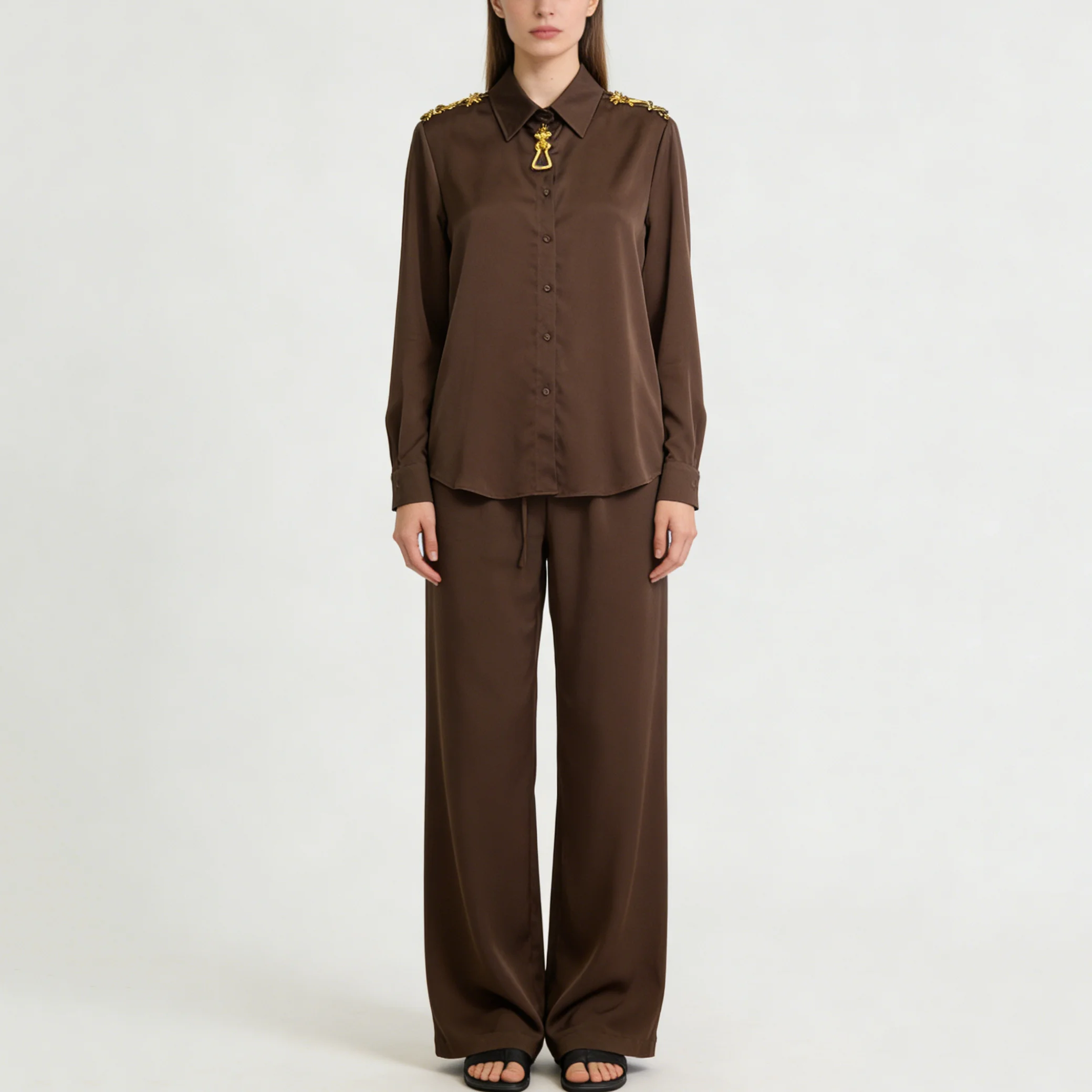 

CiCi Women Two Piece Set Satin Shirt Gold Chain Decor Long Sleeve Wide Leg Pants Elegant Party 2026 Spring Summer Fashion