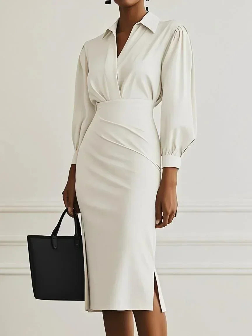 Damen Rüschenkleid mit V-Ausschnitt und Puffärmeln, Midi-Länge, Bleistiftschnitt, geraffte Taille, Schlitz, elegantes Bürokleid – Detail 5
