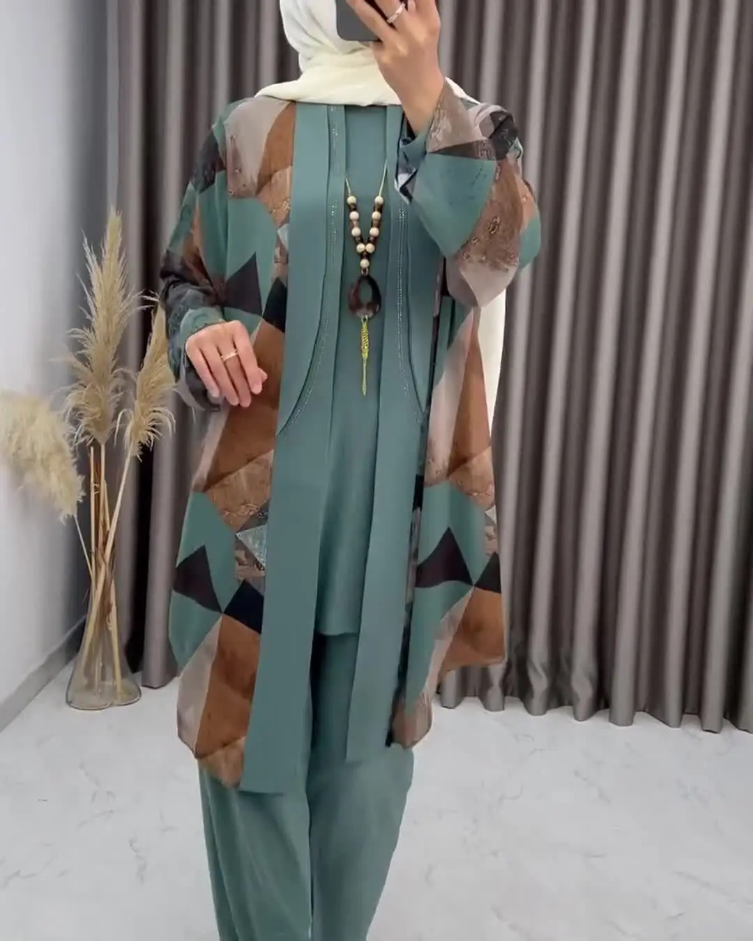 イード女性アバヤ 3 点セット パンツ付き パーティー イスラム教徒セット カフタン ローブ ジャラビヤ ラマダン モロッコ ドバイ 2025 ムスルマン アンサンブル
