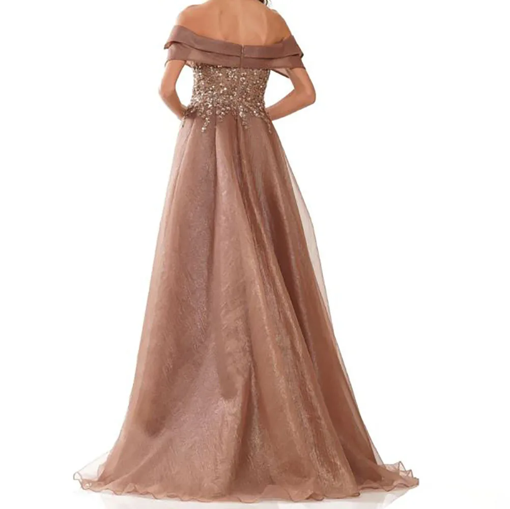 A-line Organza Off Shoulder Sleeveless Sequined Beading Floor Length Sweep Train Prom Evening Gown Dress