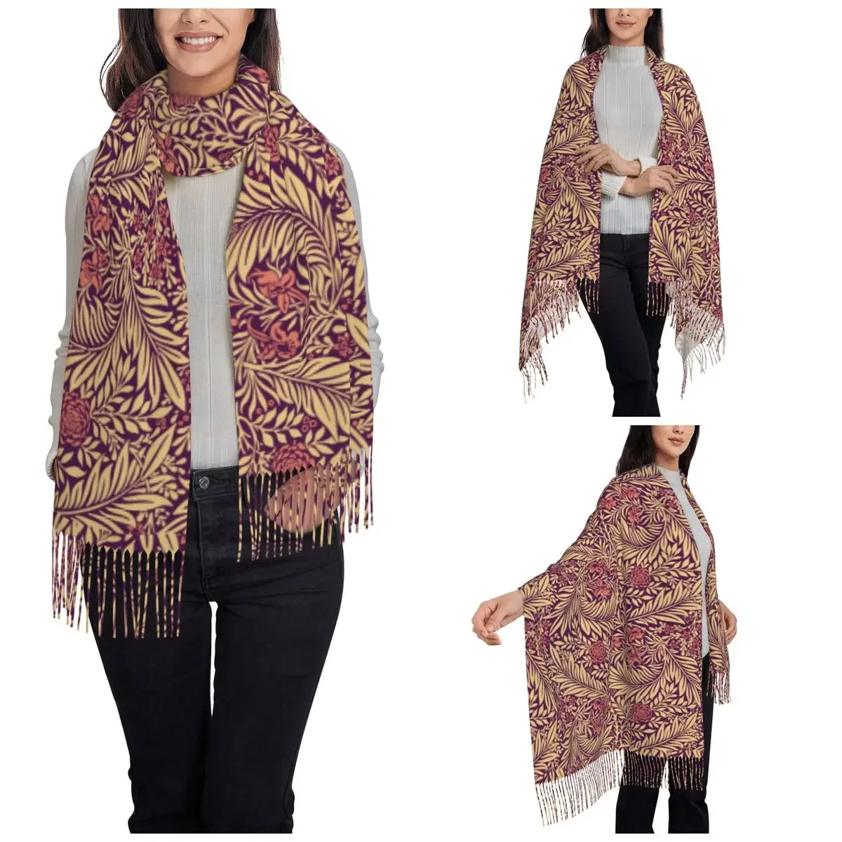 William Morris Antique Scarf for Women Warm Winter Pashmina Shawls and Wrap Red Large Scarves with Tassel Ladies