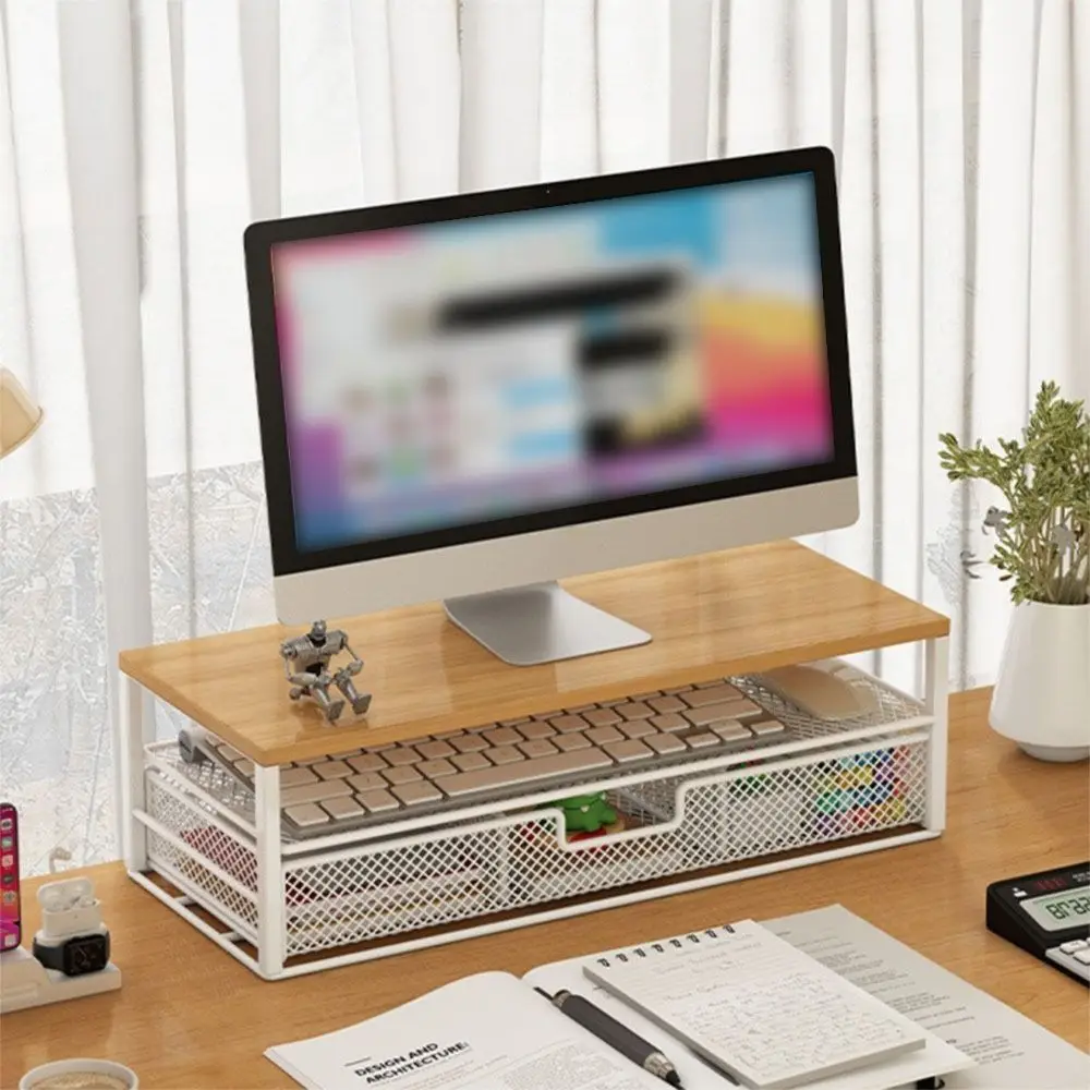 2-Tier Design Computer Monitor Stand Metal Mesh With Drawer Desk Monitor Riser Multi-Purpose Rust-proof Pull Out Storage Drawer
