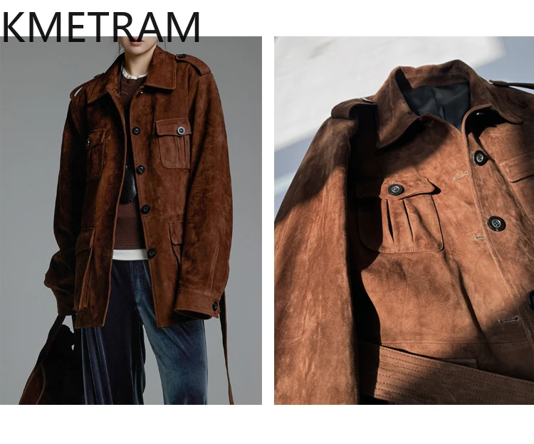 KMETRAM Giacca in pelle da donna in pelle di pecora naturale al 100% con cintura Retro Marrone Genuino abbigliamento femminile Autunno 2025 di media lunghezza пikusьто