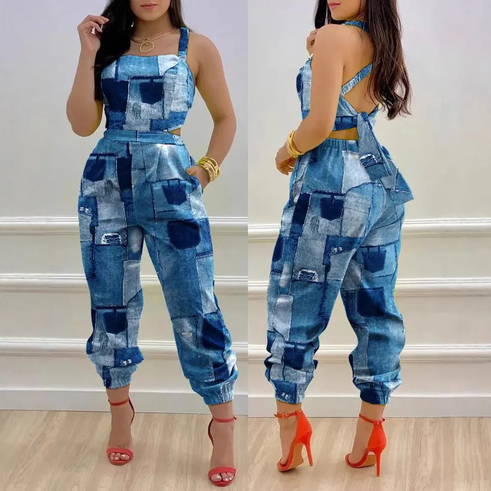 Elegante sem mangas macacões calças femininas nova alça de impressão sexy alça de ombro macacão mono mujer macaco feminino