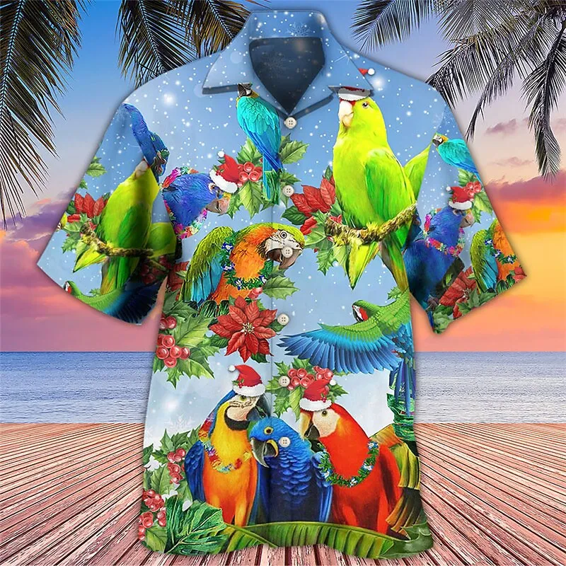 Men\'s Clothing Summer Floral Parrot 3D Print Shirt Women Fashion Shirts Single-Breasted Short Sleeve Hawaiian Shirts Blouse