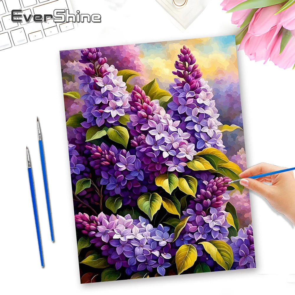 Evershine Bilder nach Zahlen, lila Kunst, Blumenzeichnung, bunte Leinwand, Malen nach Zahlen für Erwachsene, handgefertigtes Geschenk