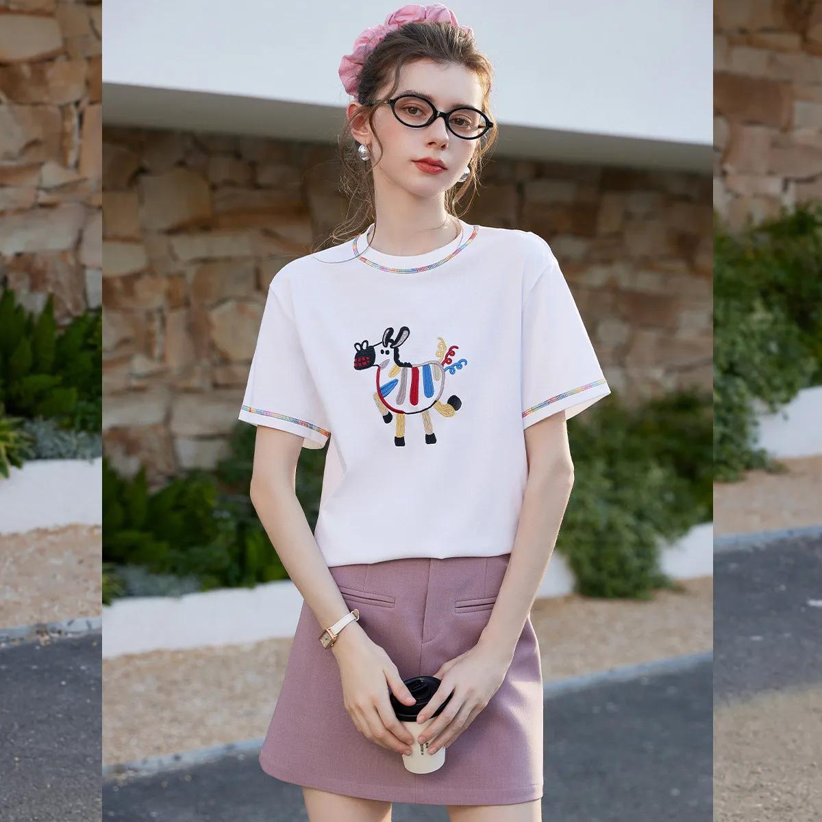 LOUISYAO 2026 Spring Summer Fun Embroidery Women's T-Shirt Short Sleeve Slight Stretch Youthful Cute Casual Pullover Top