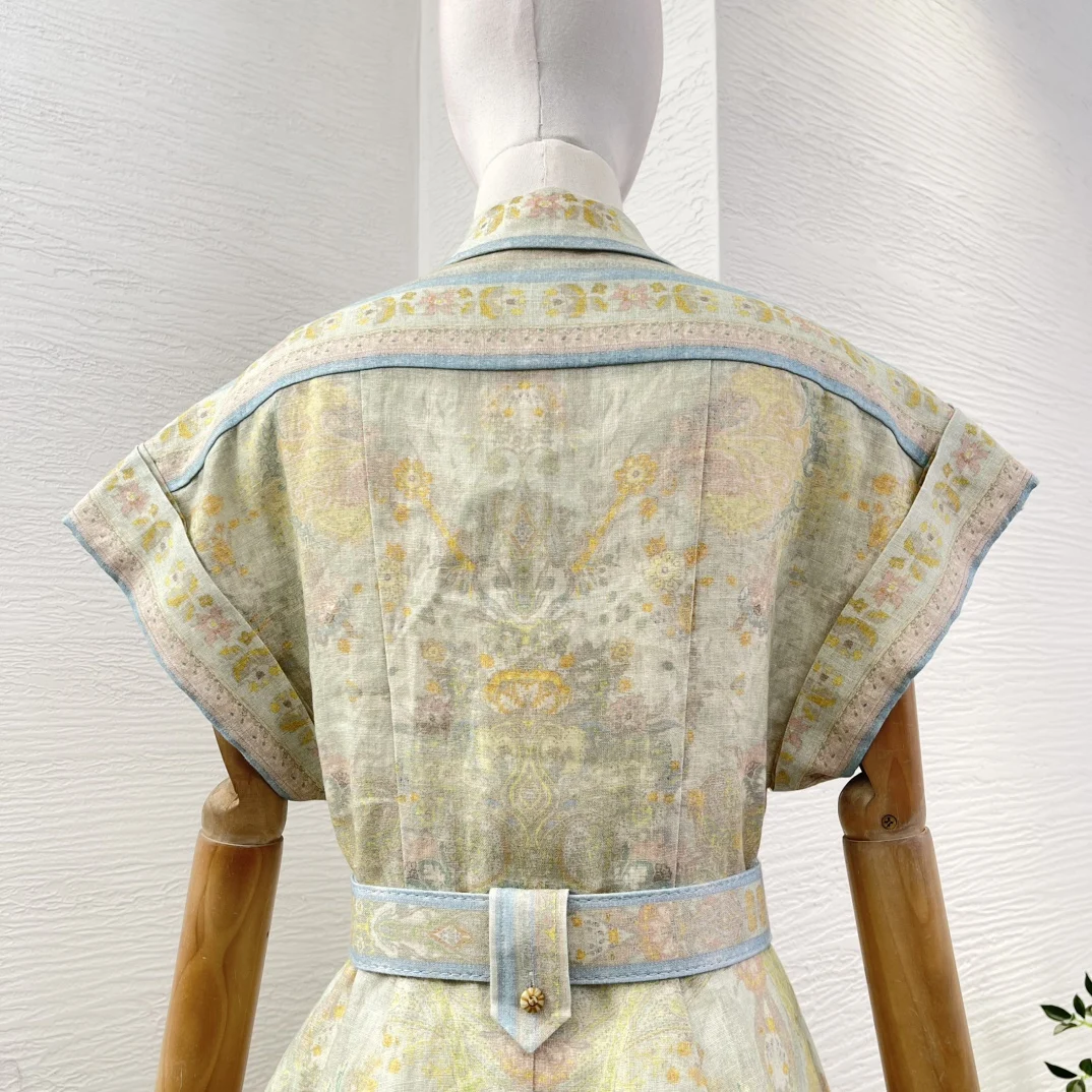 Pure Linen New High Quality Light Green Floral Print Short Sleeve Women Belted Holiday Mini Dress