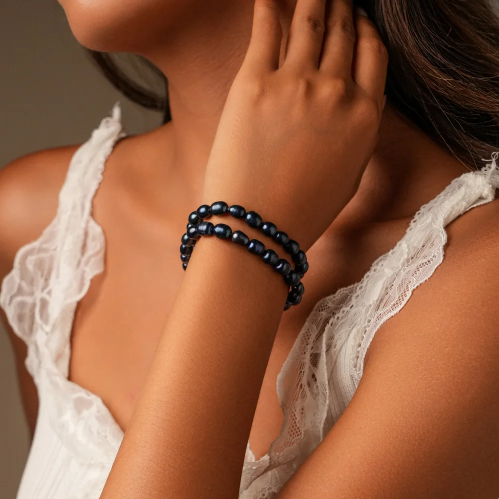 YWYC 4-5mm Black Rice Shape Freshwater Pearl Bracelet for Women 16cm 4cm Extend Chain Adjustable Pearl Bracelet Jewelry Gift
