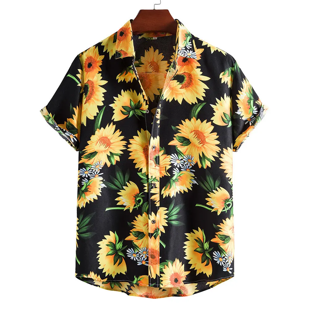 

Sunflower Print Beach Aloha Shirts Men 2022 Summer Slim Fit Short Sleeve Hawaiian Floral Shirt Men Holiday Vacation Clothing XXL