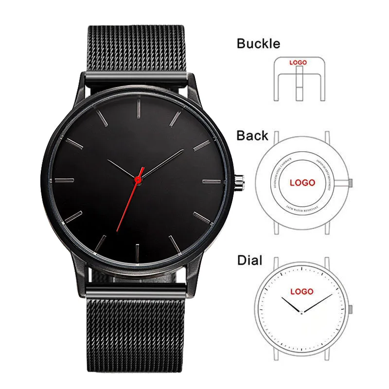 Men Black Stainless Steel Mesh Wristwatch Customize Brand Logo Private Label Quality Watch