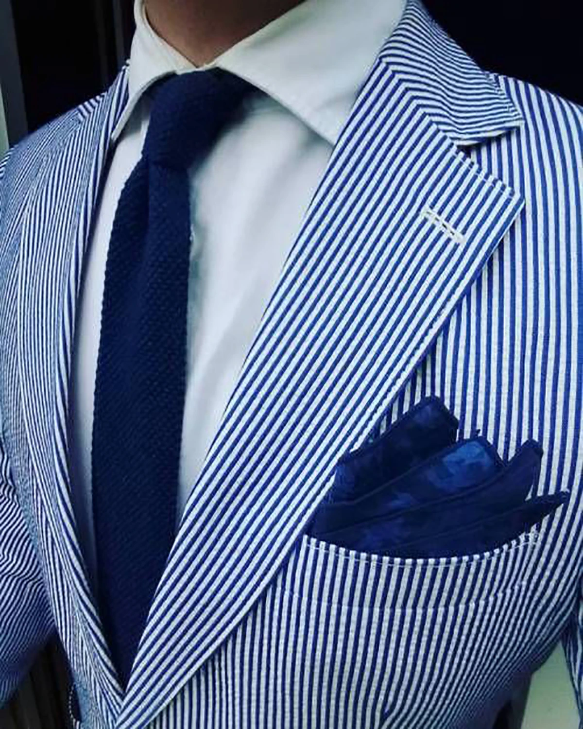 Modern Casual Men Suits Blue Stripe  Seersucker Notched Lapel Business Office Wear 2 Pieces Blazer Pant Tuxedo Customized