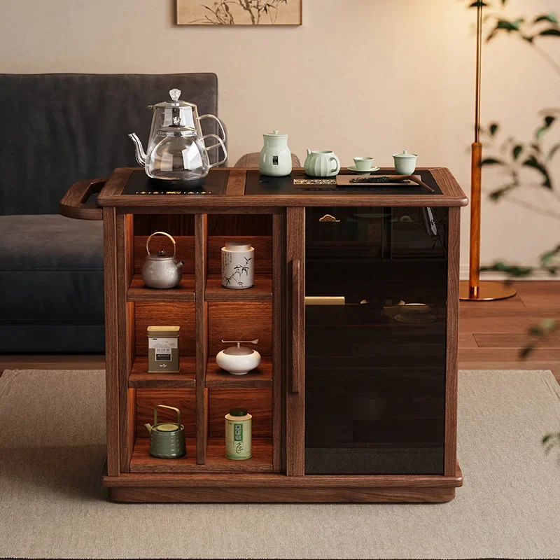 Solid wood mobile tea table, small tea table, coffee table, kettle integrated, household tea cabinet with wheels