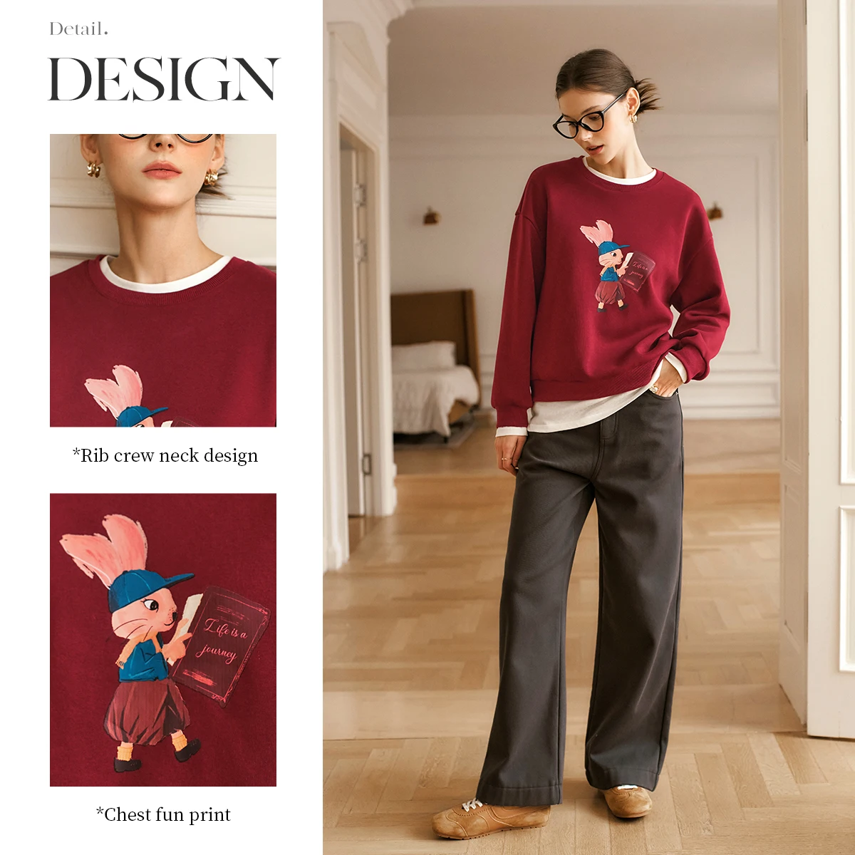 OLrain Red Cotton Sweatshirts Women 2025 Autumn Vintage Thick O-neck Printing Drop Sleeve Casual Lazy Ladies Pullover O56DR95226