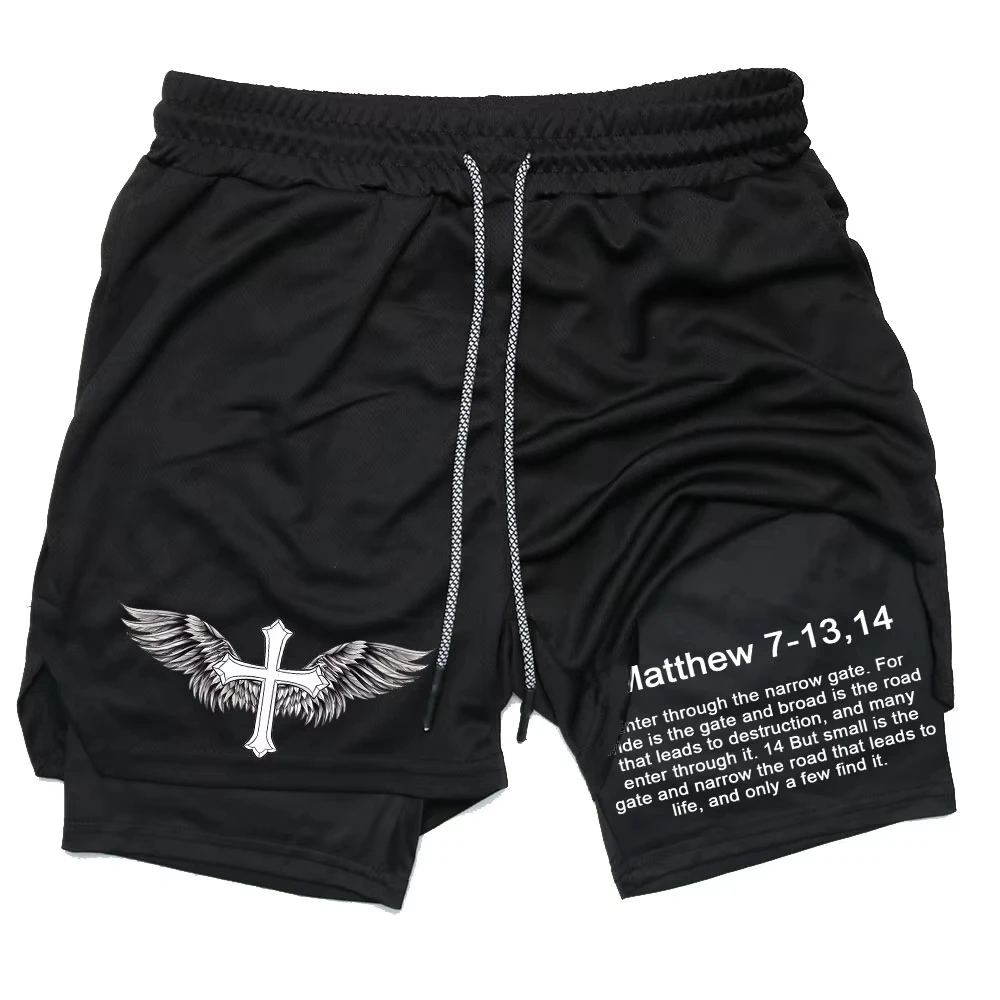 Men's Bible Print 2-in-1 Mesh Shorts Gym Workout Running Compression Performance Shorts ZY00135
