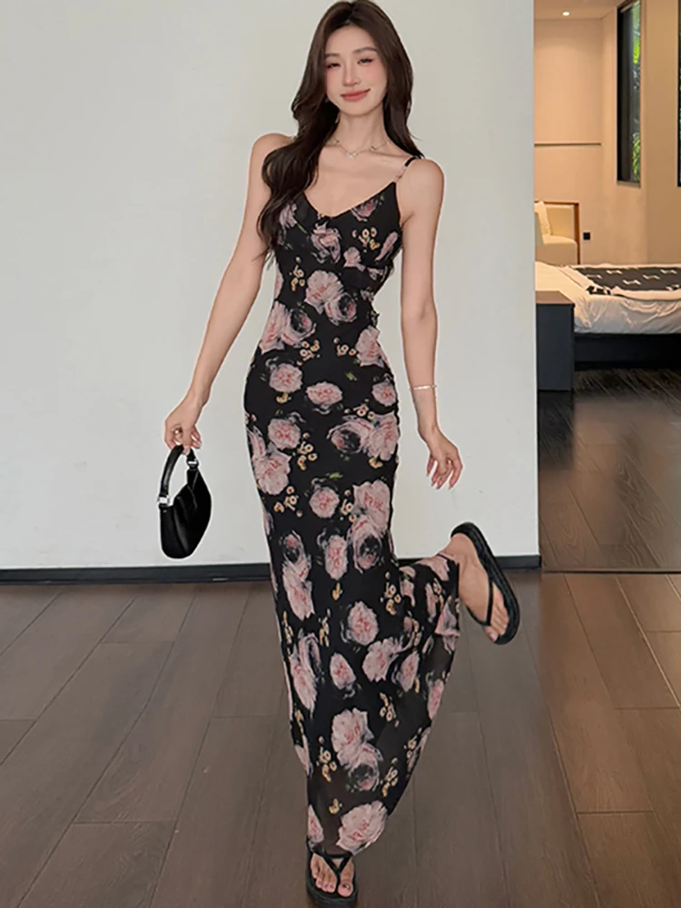 

2025 Black Floral Chic Chic Sling Sexy Long Dress Women Vintage Elegant Luxury Party Vestidos Summer Korean Bodycon Night Dress