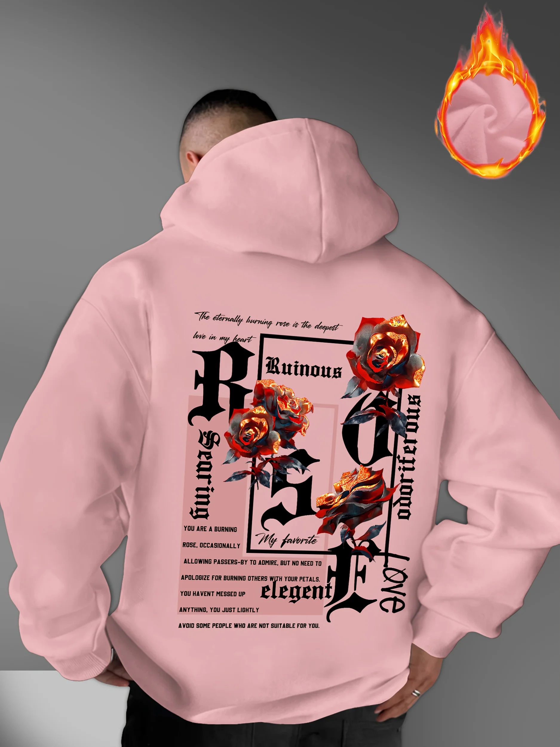 Men's Autumn/Winter New Fashionable Hooded Sweatshirt American High Street Style Burning Flame Rose Print High Street American