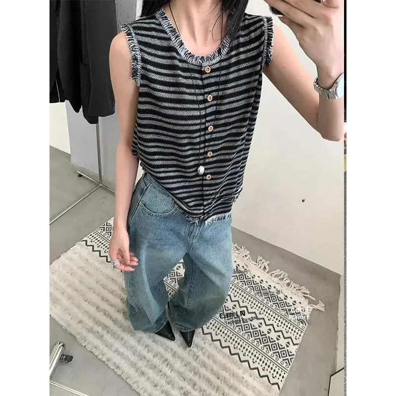 

Женский вязаный жилет из лайкры и шелка в полоску с кисточками в стиле ретро, модный женский топ для поездок на работу, длина до пола