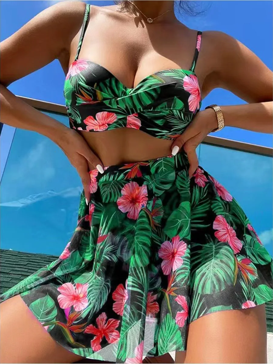 Sexy Print Floral Bikini Three Pieces Women Swimsuit Push Up Bathing Suit High Waist Mesh Skirt-Style Cover Up Swimwear 2024 New